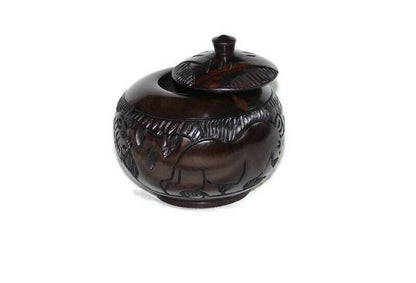 Animal Theme Art Ebony Wood Hand Carved Storage Bowl. Coffee /Sugar/ Peanut bowl with Elephant, Rhino, Lion and Tree Carvings. Ships Express