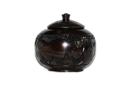 Animal Theme Art Ebony Wood Hand Carved Storage Bowl. Coffee /Sugar/ Peanut bowl with Elephant, Rhino, Lion and Tree Carvings. Ships Express