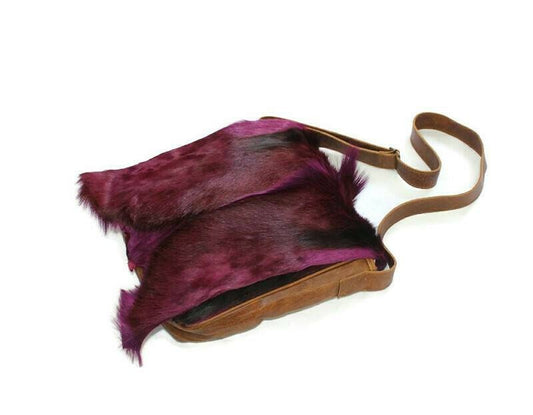 Premium Leather Antelope Hide Sling bag. Purple dyed fur with brown back and Strap. Springbok handbag/Messenger bag ready to Ship Express