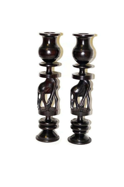 Large 12.5" Giraffe theme Ebony Wood Candlestick Holders set. Unique Masterpiece handmade in Tanzania. African Art Gifts Home/Office decor