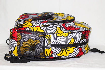 Large African Print Travel Backpack. Yellow, Red, black and white Ankara bag with multiple pockets and adjustable straps. Ships Express