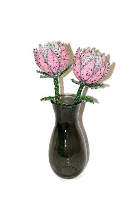 Beaded Queen Protea flower. Unique Wedding gifts, South Africa's National Flower. Pink Green, White beads and Wire. Artificial flowers decor