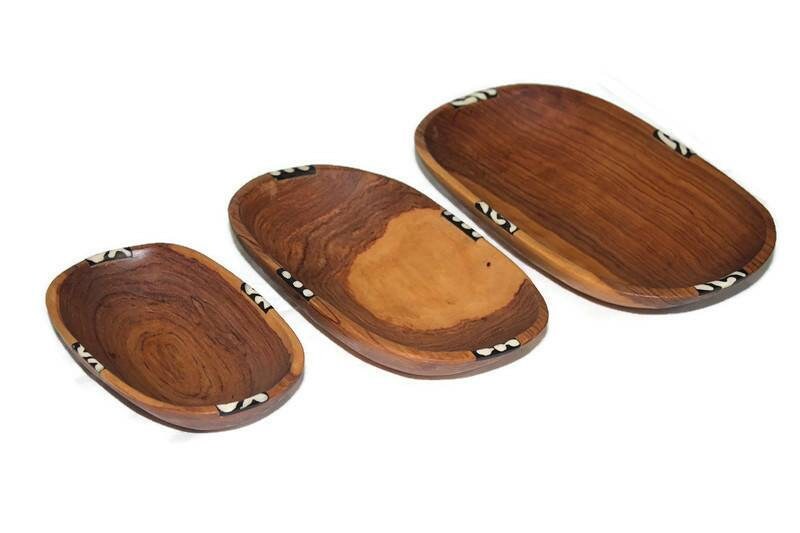 Kenyan Rosewood and Batik bone Bowls Set of 3 Unique African Table Centerpieces. Handmade polished, Housewarming African decor art gifts.