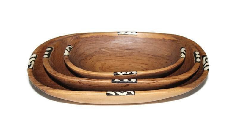 Kenyan Rosewood and Batik bone Bowls Set of 3 Unique African Table Centerpieces. Handmade polished, Housewarming African decor art gifts.