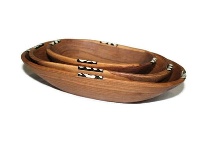 Kenyan Rosewood and Batik bone Bowls Set of 3 Unique African Table Centerpieces. Handmade polished, Housewarming African decor art gifts.