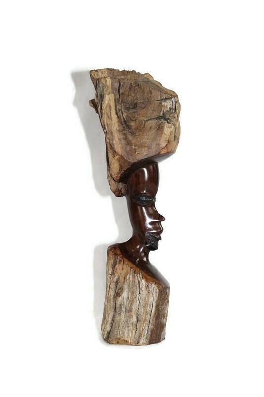 Large Tanzanian Makonde Ebony Wood African Man Sculpture for home/Office Decor. Natural Wood Texture and Smooth carved area. Ships Express