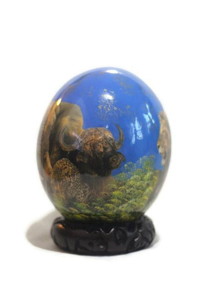 6"×5" Decoupage Ostrich Egg Big 5 African Art Painted. Dark blue Background Animal Print Home Decor. Unique Gifts Express Shipping Worldwide