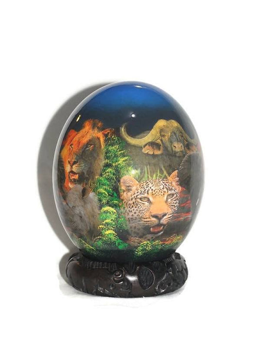 Blue Decoupage Ostrich Egg African Big 5 Animals on a forest background. Unique Hand Painted and Print art housewarming Gifts, Ships Express