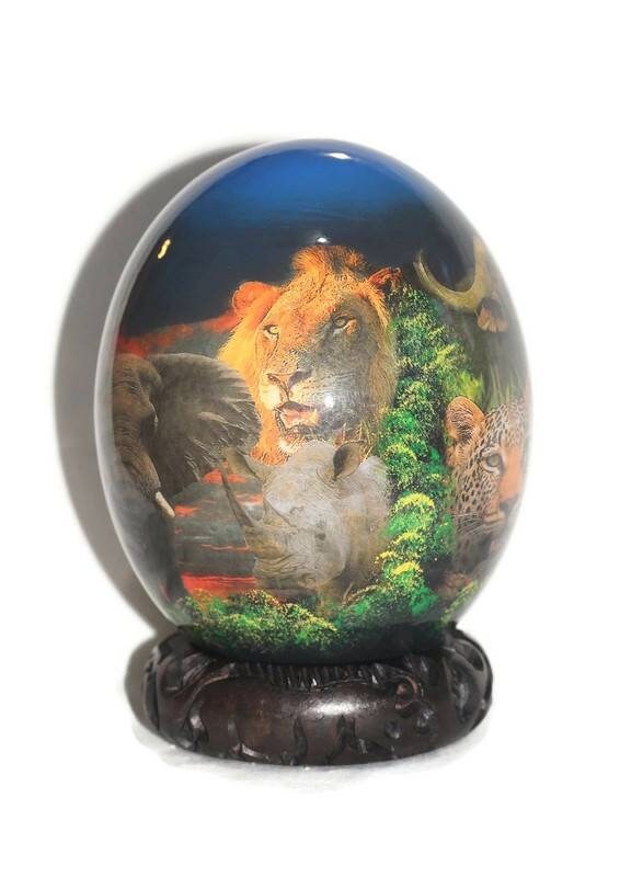 Blue Decoupage Ostrich Egg African Big 5 Animals on a forest background. Unique Hand Painted and Print art housewarming Gifts, Ships Express