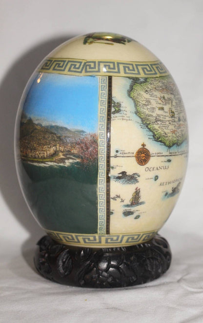 Aerial View of Table mountain, Cape Town and the Stadium on an Ostrich Egg Decoupage. African Map Back with Carved wood stand. Ships Express