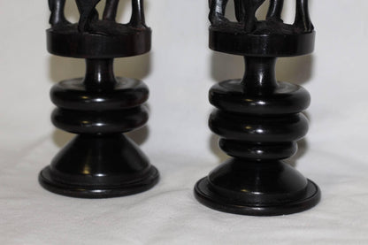 Large 12.5" Giraffe theme Ebony Wood Candlestick Holders set. Unique Masterpiece handmade in Tanzania. African Art Gifts Home/Office decor