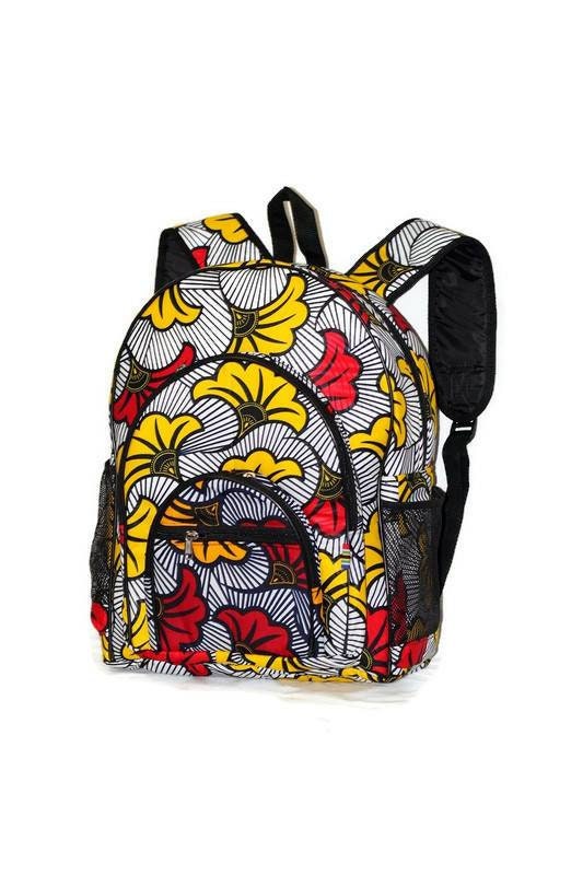 Large African Print Travel Backpack. Yellow, Red, black and white Ankara bag with multiple pockets and adjustable straps. Ships Express