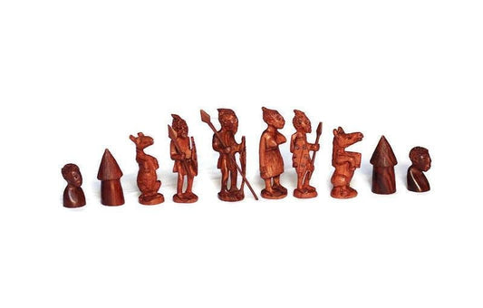 Zimbabwean handcarved Warriors Chess Set Art Masterpiece. Ebony and Mahogany Wood pieces. For play or decor, Ready to Ship Express Worldwide