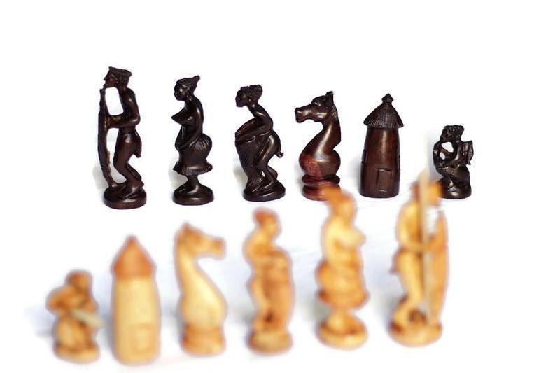 Large Zimbabwean handcarved Hunters Chess Set Art Masterpiece. Ebony and Mahogany Wood pieces. For play or decor, Ready to Ship Express