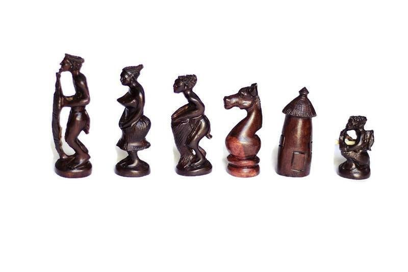 Large Zimbabwean handcarved Hunters Chess Set Art Masterpiece. Ebony and Mahogany Wood pieces. For play or decor, Ready to Ship Express