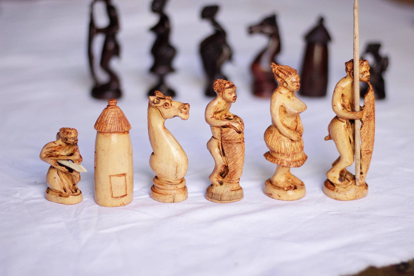 Large Zimbabwean handcarved Hunters Chess Set Art Masterpiece. Ebony and Mahogany Wood pieces. For play or decor, Ready to Ship Express