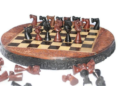 African Big Five Animal head trophies Chess Set. Olive, Ebony, Mahogany Wood fine Art Handcarved board game. Round Foldable Storage Design