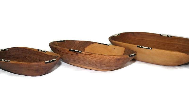 Kenyan Rosewood and Batik bone Bowls Set of 3 Unique African Table Centerpieces. Handmade polished, Housewarming African decor art gifts.