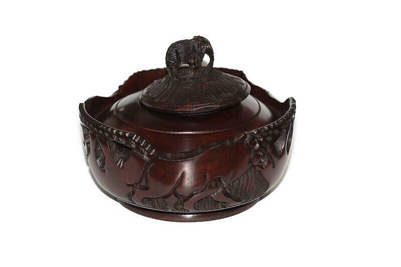 Animal Theme Ebony Wood Hand Carved Storage Bowl with Standing Elephant handle. African Coffee /Peanut bowl with animals and Tree Carvings.