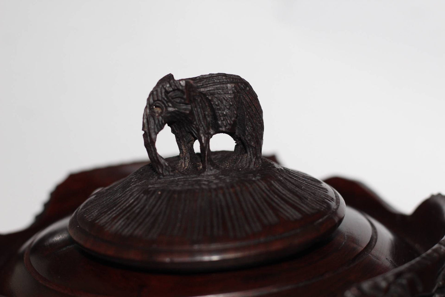 Animal Theme Ebony Wood Hand Carved Storage Bowl with Standing Elephant handle. African Coffee /Peanut bowl with animals and Tree Carvings.