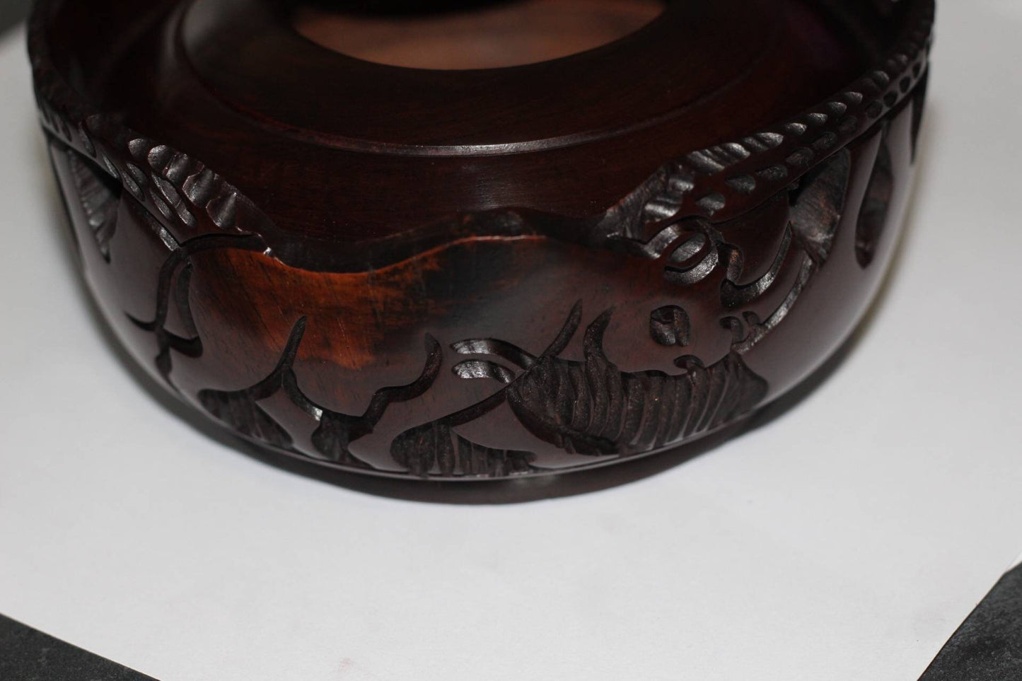 Animal Theme Ebony Wood Hand Carved Storage Bowl with Standing Elephant handle. African Coffee /Peanut bowl with animals and Tree Carvings.