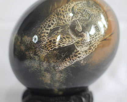 Front facing Leopard Decoupage on Authentic Ostrich Egg Shell, with Wood Stand. Black n Brown African Art Handmade ornaments. Ships Express