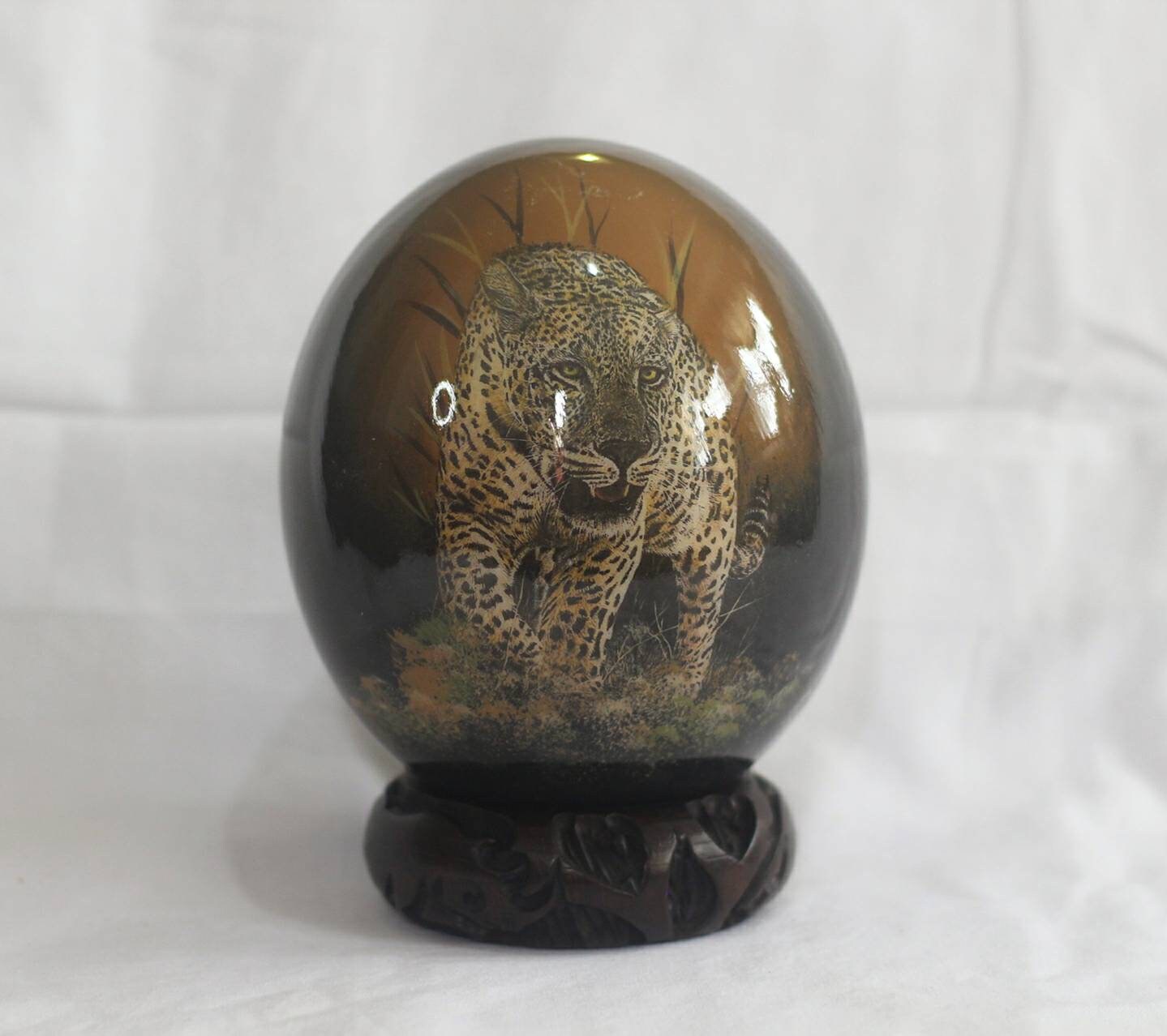 Front facing Leopard Decoupage on Authentic Ostrich Egg Shell, with Wood Stand. Black n Brown African Art Handmade ornaments. Ships Express