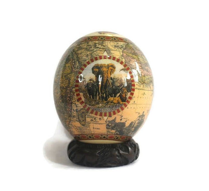 Ostrich Egg Decoupage art with African Map and Big Five Animals on a dashed maroon Circle. Brown Unique gifts Decor, with carved wood stand