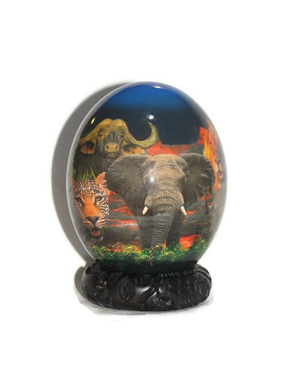 Blue Decoupage Ostrich Egg African Big 5 Animals on a forest background. Unique Hand Painted and Print art housewarming Gifts, Ships Express