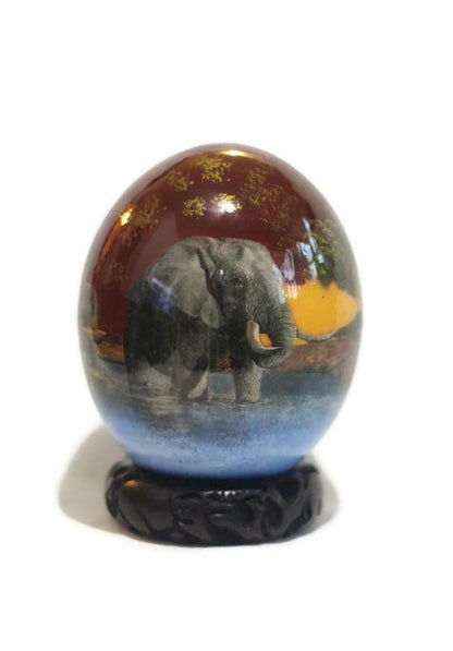 The African Big 5 Animals on the Waterhole at night, Ostrich Egg Decoupage Art. Comes with a Carved Wood Ring stand.  Ready to Ship Express