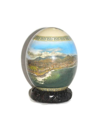 Aerial View of Table mountain, Cape Town and the Stadium on an Ostrich Egg Decoupage. African Map Back with Carved wood stand. Ships Express