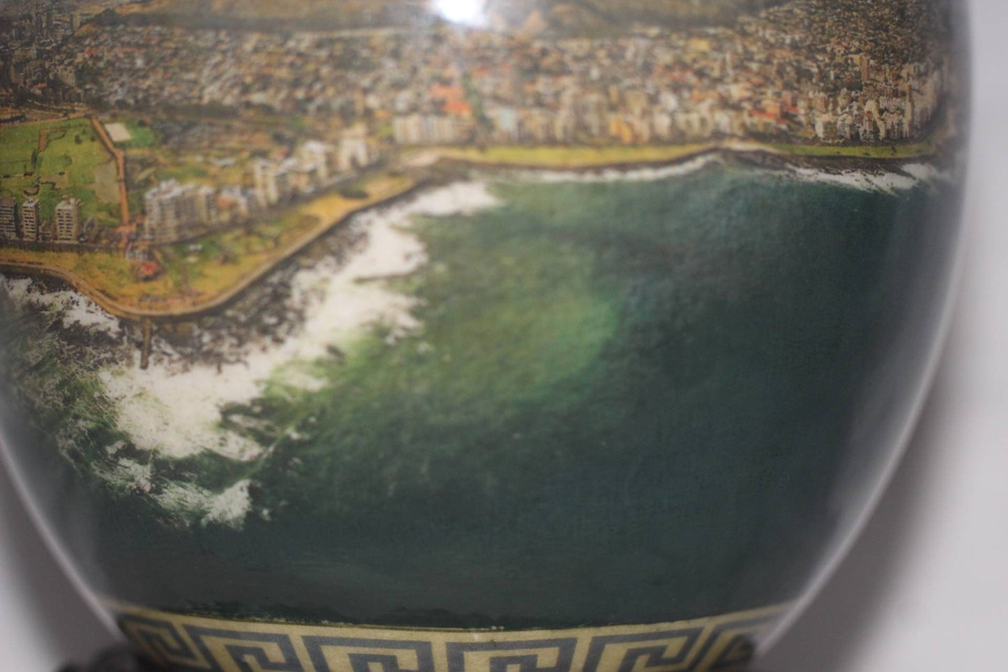 Aerial View of Table mountain, Cape Town and the Stadium on an Ostrich Egg Decoupage. African Map Back with Carved wood stand. Ships Express