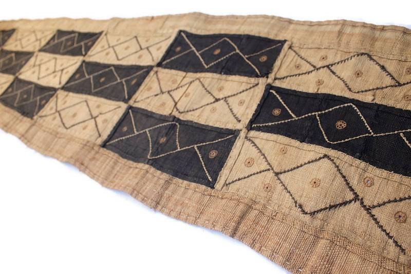 Authentic Congo Kuba Cloth table runner fabric. Rafia palm fiber textile. Brown/beige and black. African Gifts for Home/office wall Decor