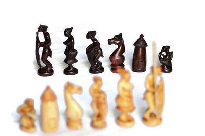 Large Zimbabwean handcarved Hunters Chess Set Art Masterpiece. Ebony and Mahogany Wood pieces. For play or decor, Ready to Ship Express