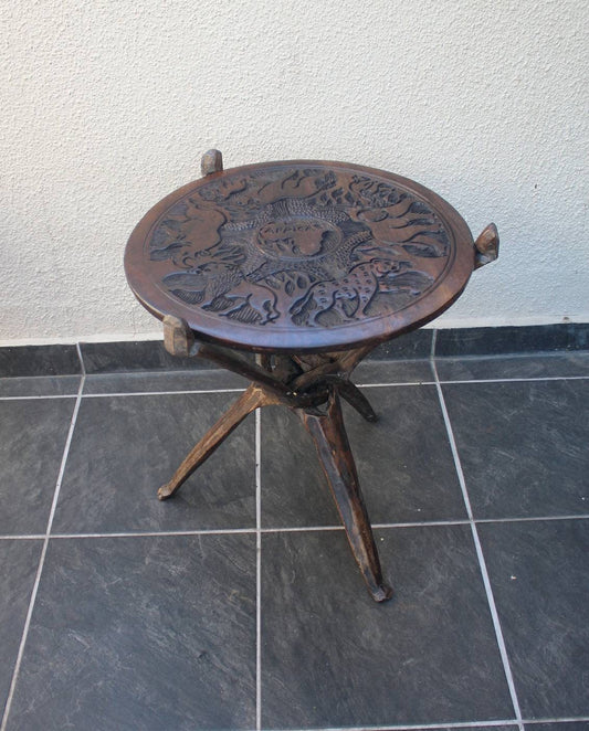 Vintage Foldable table with reversible top. Malawian Handcarved Ebony Wood Side table with Carved Big Five Animals. Dining room/Office decor