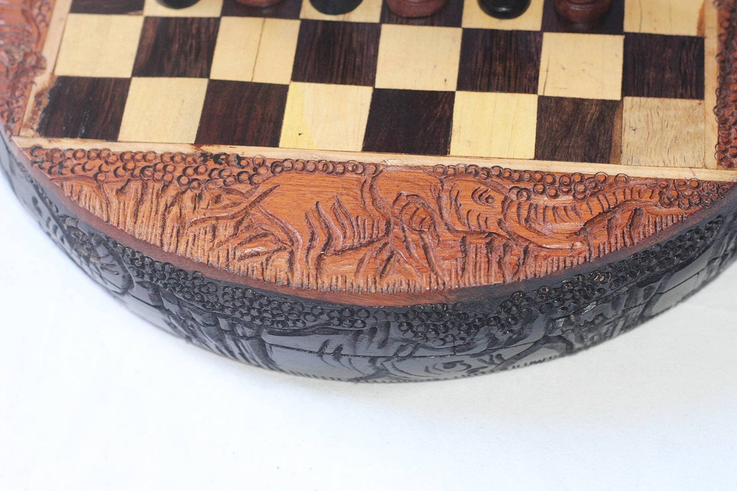 African Big Five Animal head trophies Chess Set. Olive, Ebony, Mahogany Wood fine Art Handcarved board game. Round Foldable Storage Design