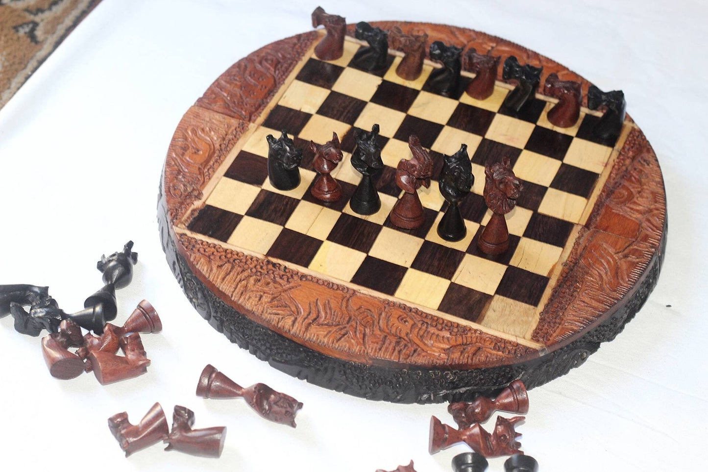 African Big Five Animal head trophies Chess Set. Olive, Ebony, Mahogany Wood fine Art Handcarved board game. Round Foldable Storage Design