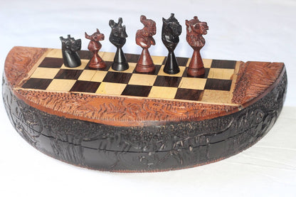 African Big Five Animal head trophies Chess Set. Olive, Ebony, Mahogany Wood fine Art Handcarved board game. Round Foldable Storage Design