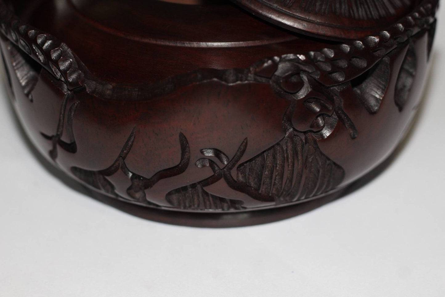 Animal Theme Ebony Wood Hand Carved Storage Bowl with Standing Elephant handle. African Coffee /Peanut bowl with animals and Tree Carvings.