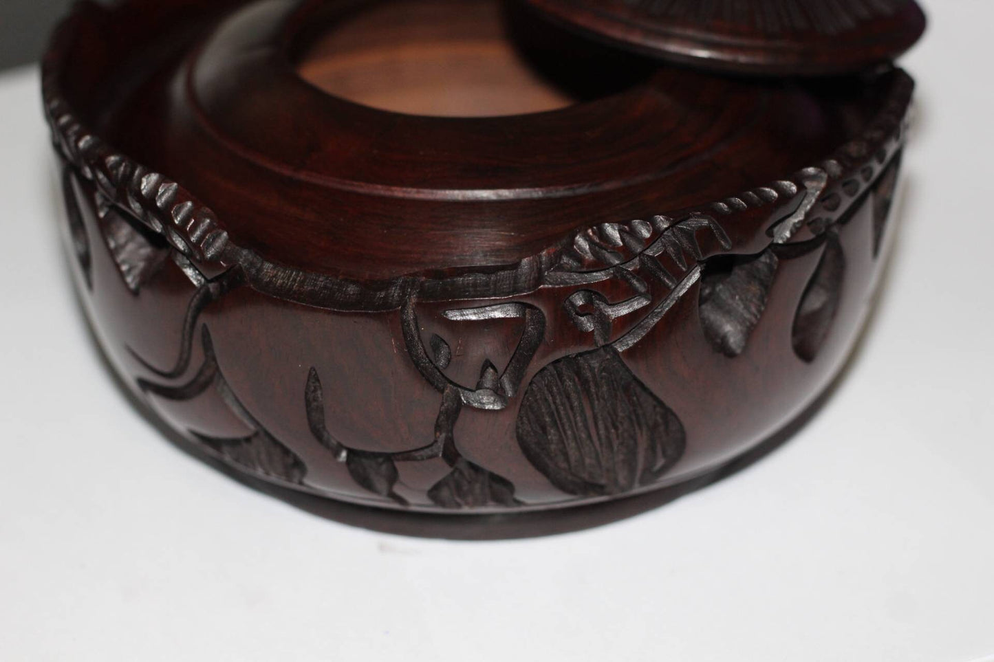 Animal Theme Ebony Wood Hand Carved Storage Bowl with Standing Elephant handle. African Coffee /Peanut bowl with animals and Tree Carvings.