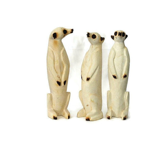 Set of 3 on Guard Meerkat Jacaranda Wood sculptures. Home/Office interior decor South African Art. Suricate/Mongoose handmade gifts, 8"×2"