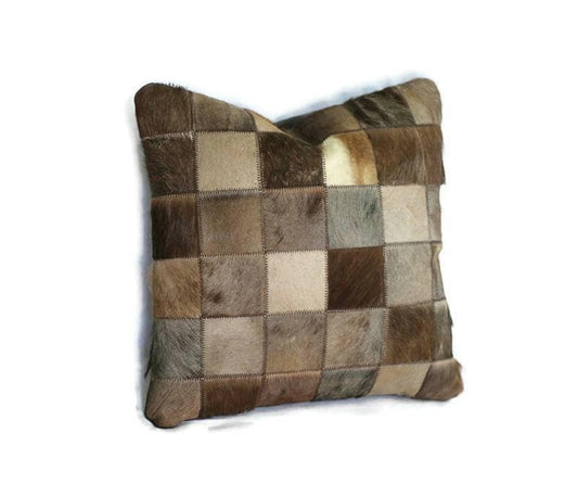 Brown leather pillow cover l, Mix of Blesbok, Black Springbok, Kudu, Wildebeest 17"x17". Square Patchwork, Decorative Cushion. Ships Express