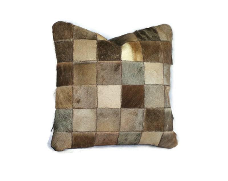 Brown leather pillow cover l, Mix of Blesbok, Black Springbok, Kudu, Wildebeest 17"x17". Square Patchwork, Decorative Cushion. Ships Express