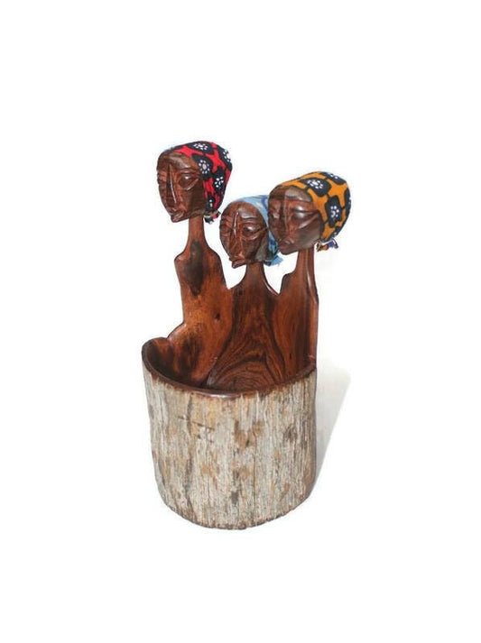 African Women Mozambique Elle Sandalwood ladies pen/pencil holder gift. Office/Home table organizer. Handcarved Art Ready to Ship Express.