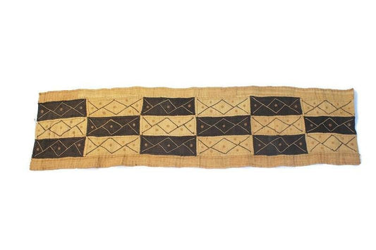 Authentic Congo Kuba Cloth table runner fabric. Rafia palm fiber textile. Brown/beige and black. African Gifts for Home/office wall Decor