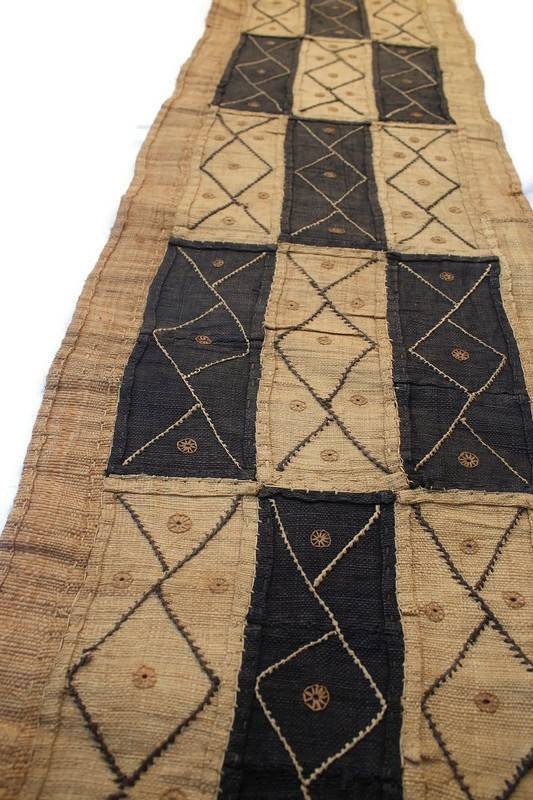 Authentic Congo Kuba Cloth table runner fabric. Rafia palm fiber textile. Brown/beige and black. African Gifts for Home/office wall Decor