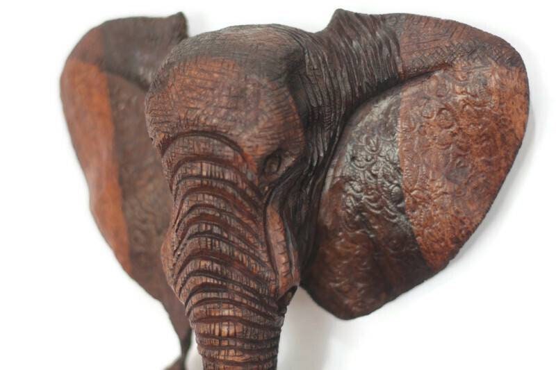 Fine Art Elephant Ironwood Wall Decor Trophy. Lifelike fully detailed Zimbabwean Handcarved African Big Five Art gifts. Shipping Express