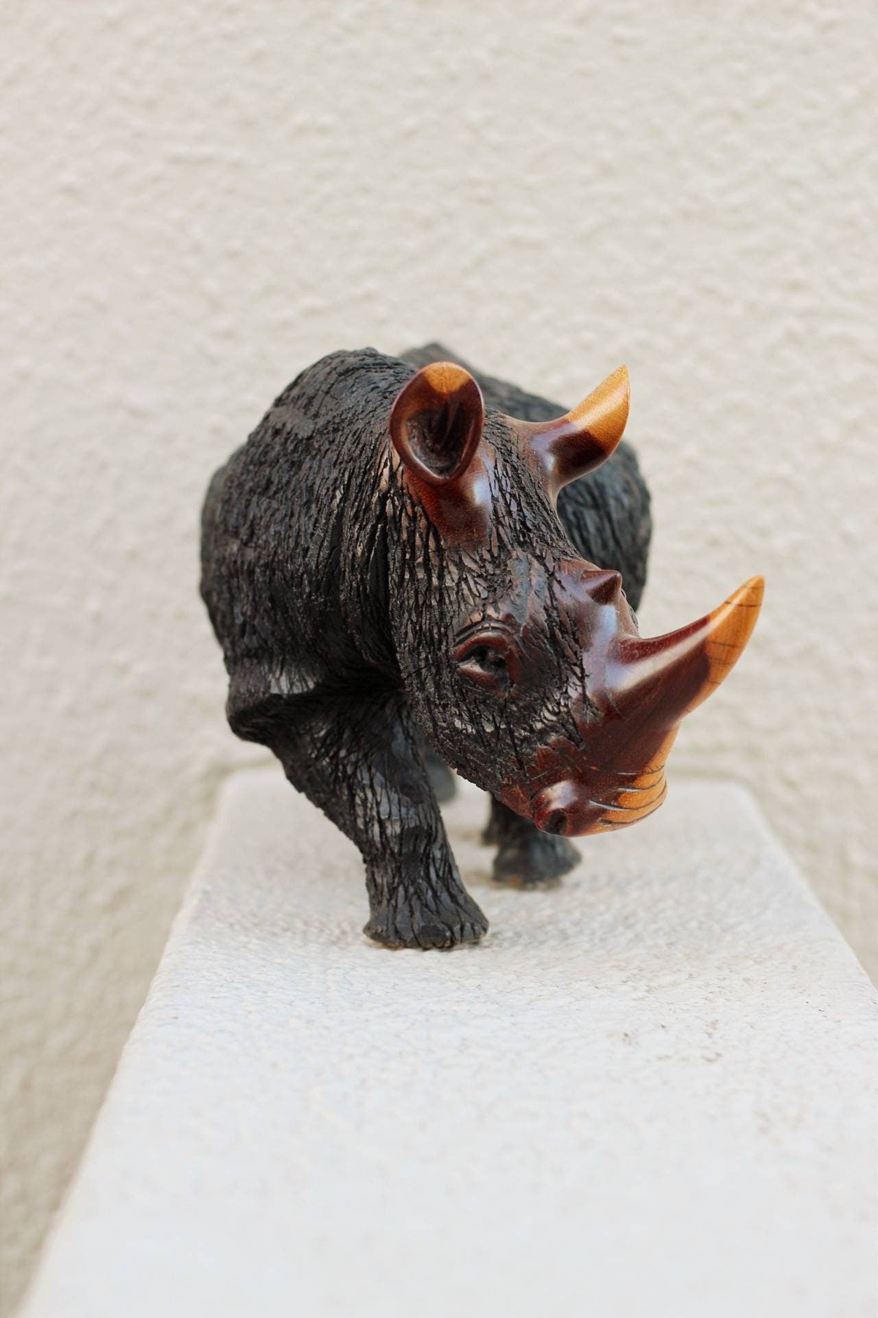 Fine Art Walking Rhino Figurine, lifelike Wooden Sculpture. Large Zimbabwean handcarved Black/Brown home or office decoration. Ships Express