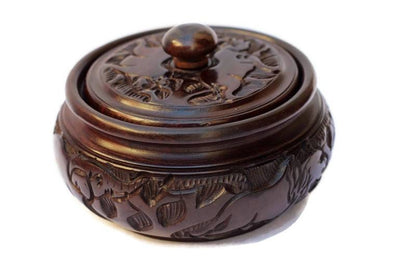 Animal Theme Ebony Hand Carved Storage Bowl with Lid. Dark brown African Decor Coffee/Snack bowl with big 5 animals and Tree Carvings.