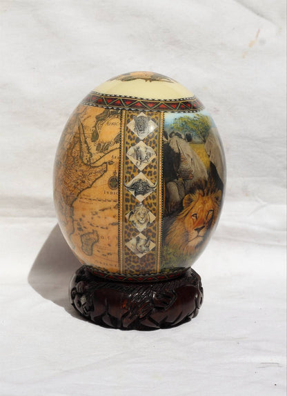 African Big Five Animals and Map Decoupage Ostrich Egg shell. Daylight Safari Art gifts. Unique Ornament with wood ring stand. Ships Express